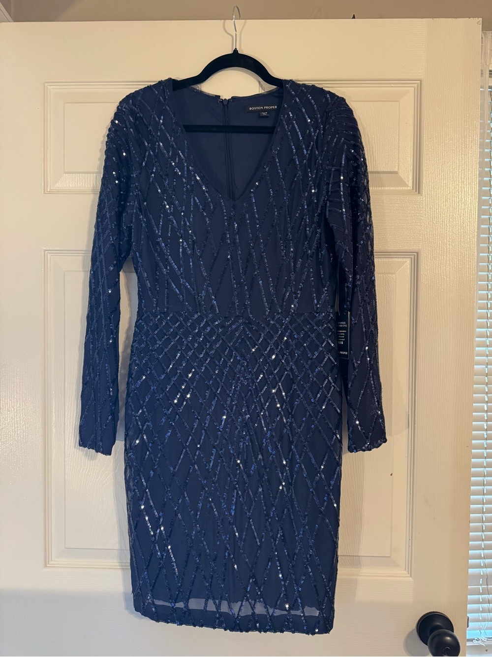 Boston Proper Navy Long-Sleeve Sequin Sheath Dress